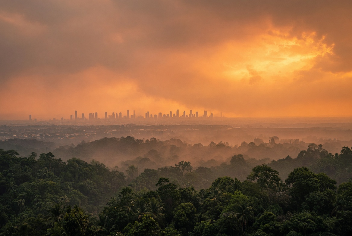 Kabut menutup hutan dan cakrawala kota.